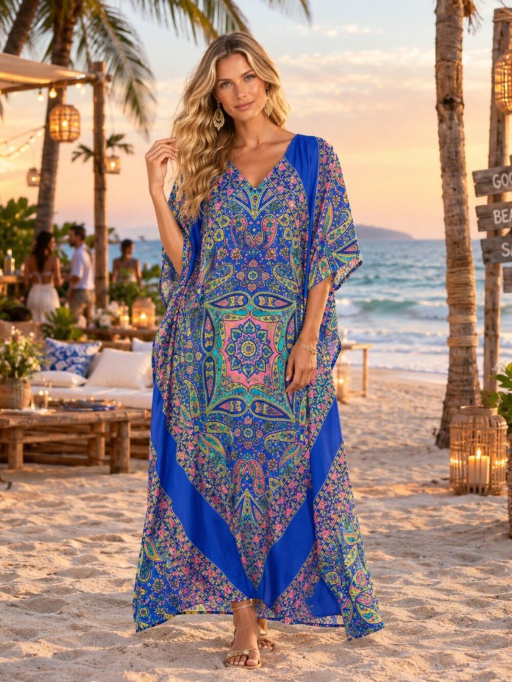 Women Blue Paisley Printed Caftan Maxi Dress Plus Size Cover Up Gown for Nighty